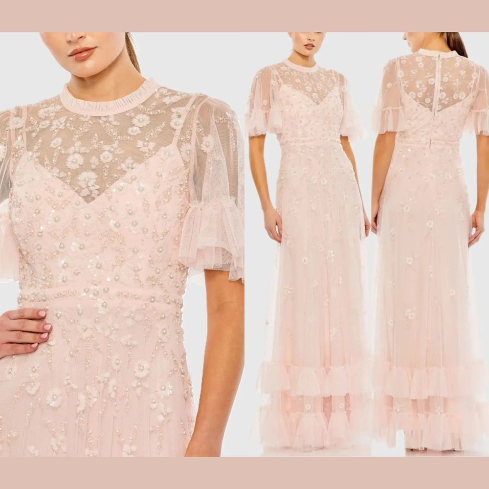 NWT‎ Mac Duggal [ 4 ] 9199 Floral Embellished Flutter Sleeve A Line Gown J2042